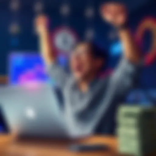 A person joyfully celebrating with a laptop showing rising crypto charts and a stack of dollar bills, symbolizing success in crypto trading