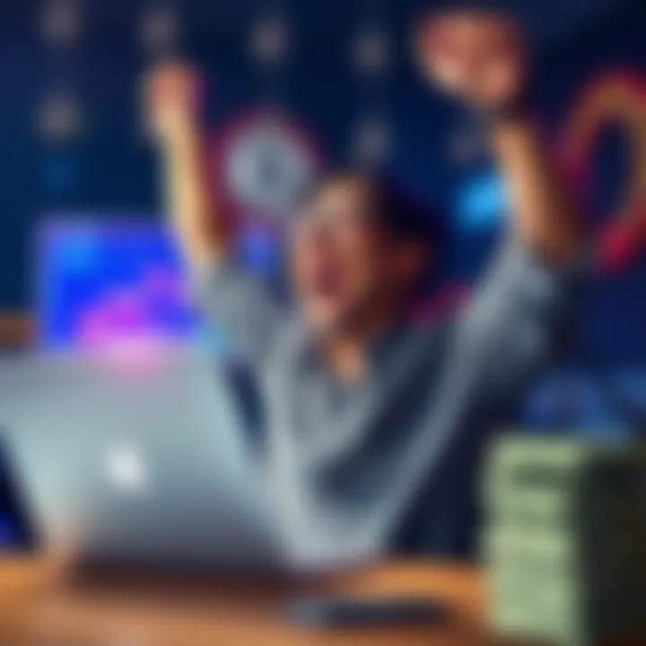 A person joyfully celebrating with a laptop showing rising crypto charts and a stack of dollar bills, symbolizing success in crypto trading