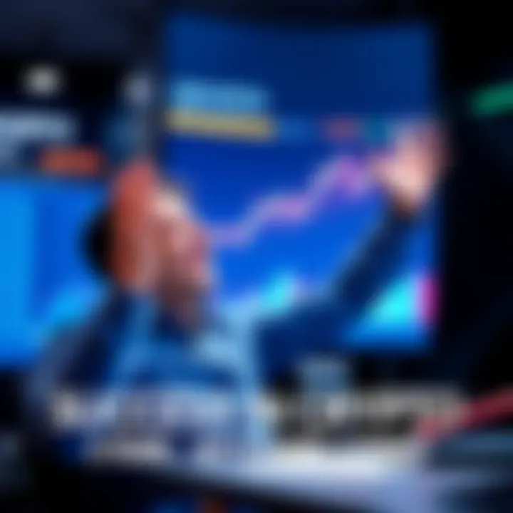 A trader smiles and raises their hands in joy while looking at a financial graph on a screen showing growth, symbolizing success in cryptocurrency trading.