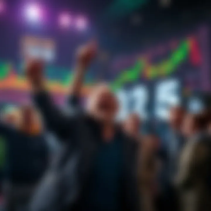 Group of people celebrating with crypto charts and coins in the background, showcasing excitement in the crypto market