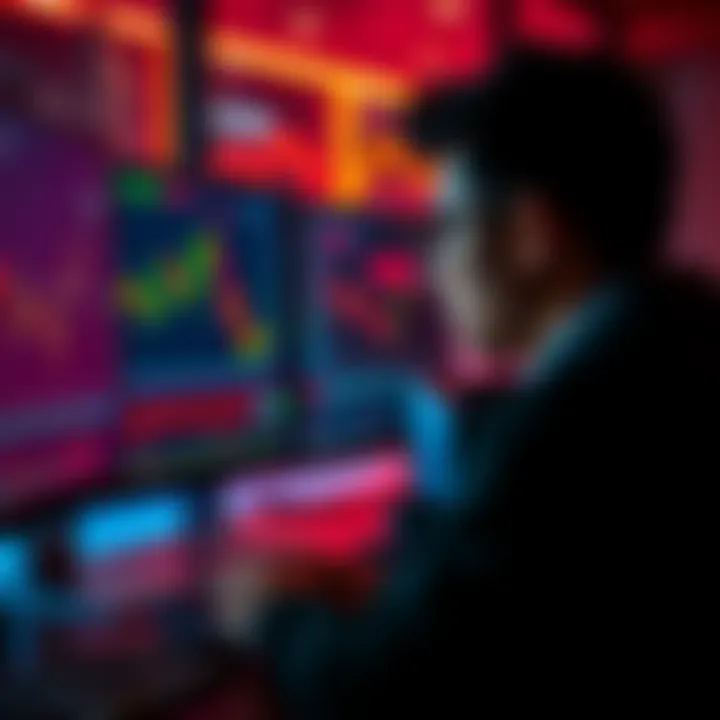 A newcomer looking at a computer screen with cryptocurrency charts and graphs, contemplating trading decisions for more Kaspa.
