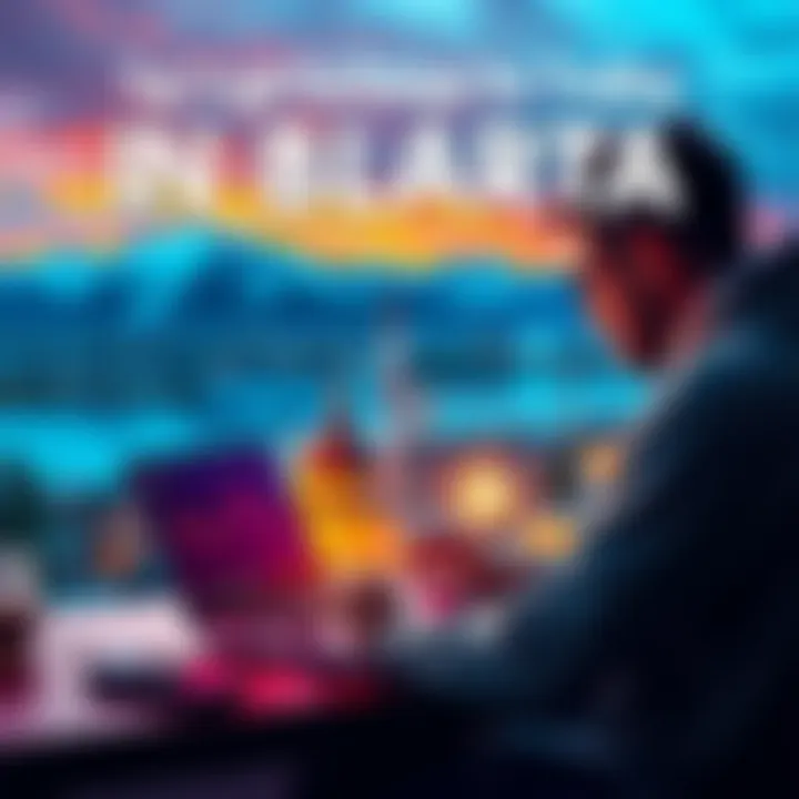 A person checking cryptocurrency prices on a laptop with Alberta landmarks in the background