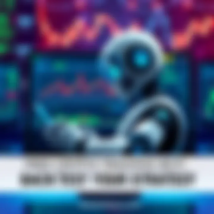 A digital illustration of a bot analyzing cryptocurrency charts on a screen, symbolizing backtesting trading strategies.