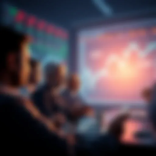 A group of people discussing cryptocurrency trading, focusing on risks and safety tips, with charts and graphs in the background.