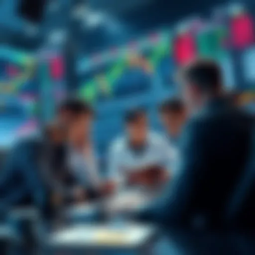 A group of traders analyzing market charts and graphs for cryptocurrency trading strategies