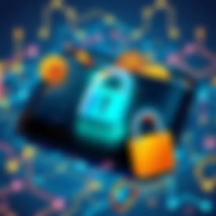 An illustration showing a digital wallet containing Bitcoin symbols and a padlock to represent security.