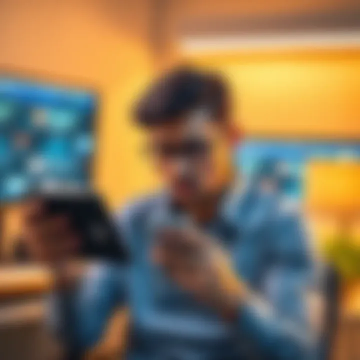 A person examining a digital wallet for cryptocurrency, looking focused and concerned about security measures, with a hard wallet in hand and a computer displaying educational videos in the background.