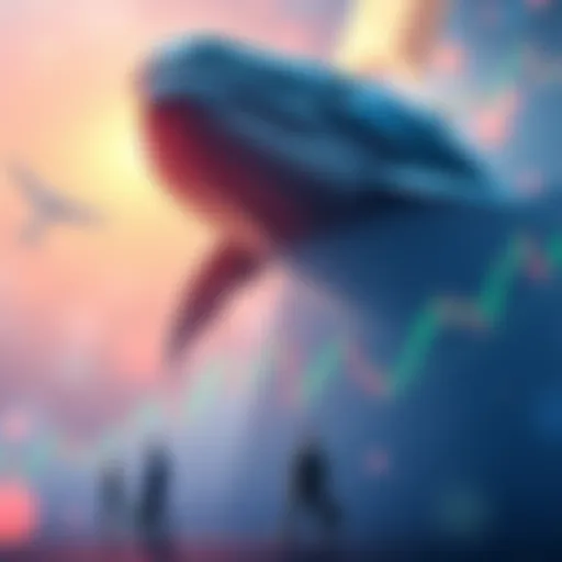 A large whale looming over a stock market graph, symbolizing how big investors impact crypto trends, with smaller figures representing retail investors below, looking concerned.