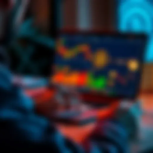 A person looking at a laptop displaying cryptocurrency graphs and icons, with a notepad and pen ready for notes.