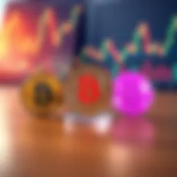 A close-up of three popular cryptocurrency coins representing potential investments for 2025, set on a wooden table with financial charts in the background.