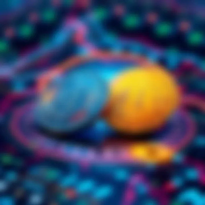 Two shiny cryptocurrency coins surrounded by a glowing digital design, symbolizing investment and hype