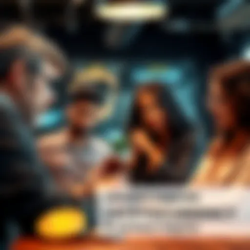 A group of people discussing Bitcoin and cryptocurrencies with expressions of concern and curiosity in a modern setting.