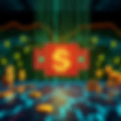 A graphic showing a digital display of the cryptocurrency hash along with dollar signs and investment symbols.