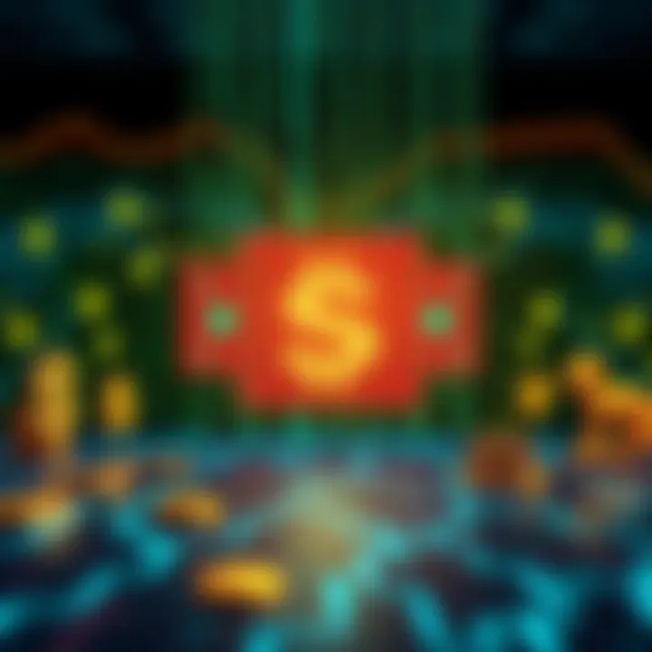 A graphic showing a digital display of the cryptocurrency hash along with dollar signs and investment symbols.