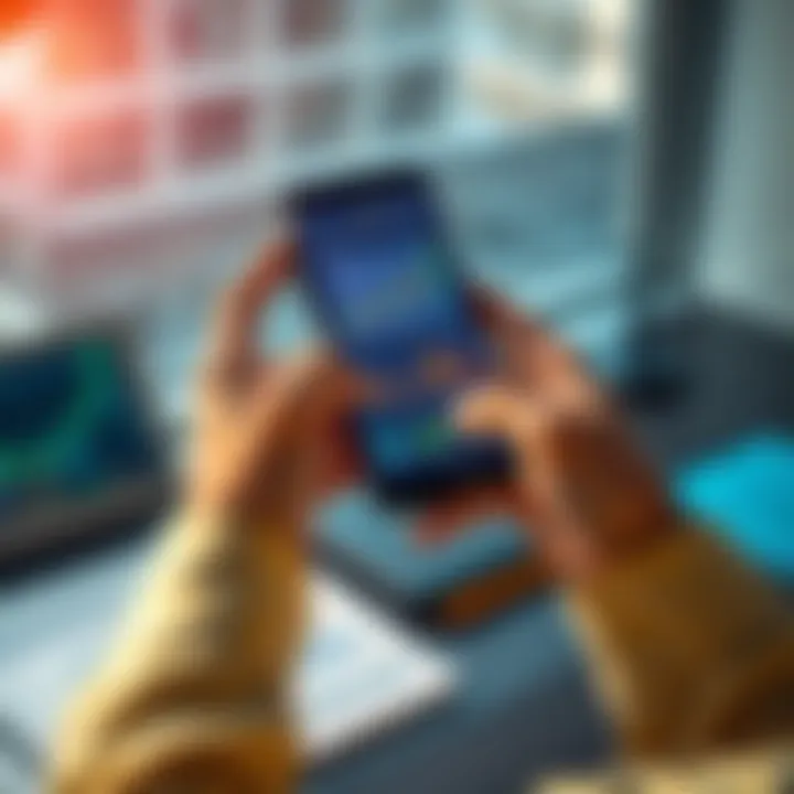 A person holding a smartphone displaying cryptocurrency charts while sitting at a desk with financial documents and a notebook.