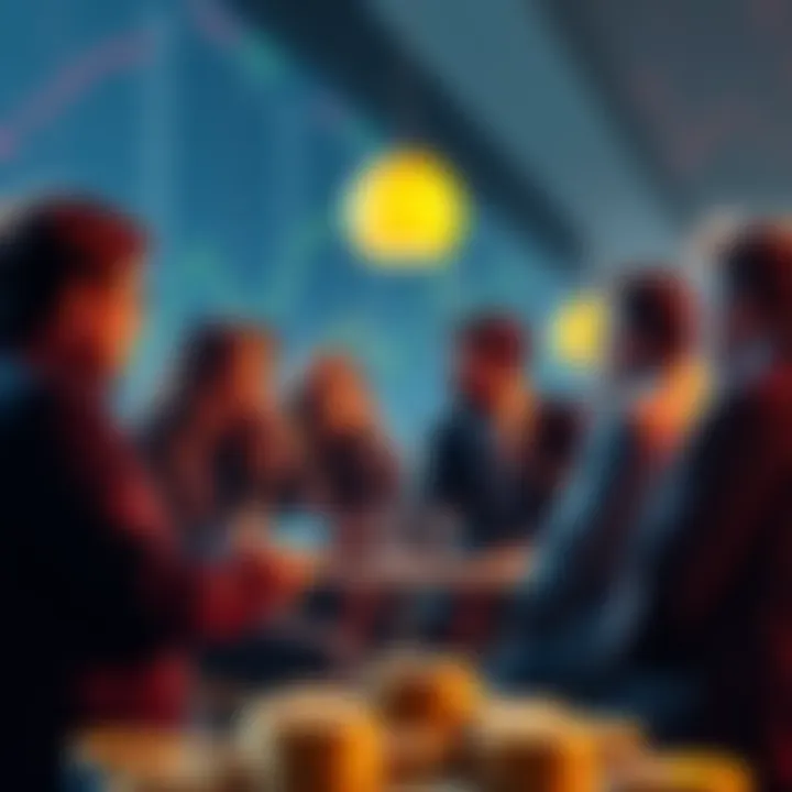 A group of people sharing experiences about recovering stolen cryptocurrency funds, with charts and graphs in the background.