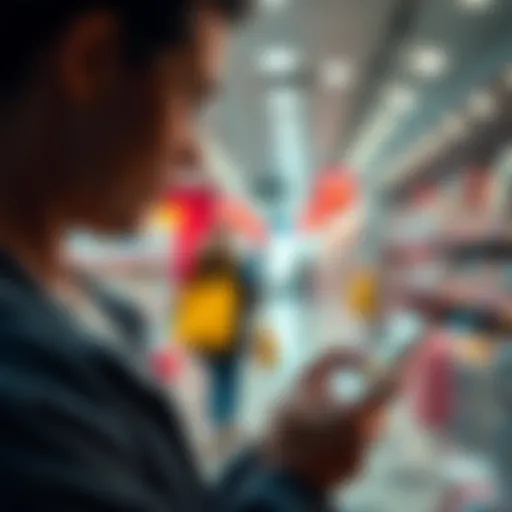 A person looking at their smartphone with a cryptocurrency wallet open while shopping, considering their purchases.
