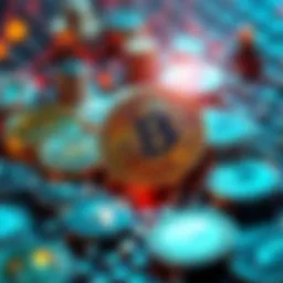 A visual representation of various cryptocurrencies like Bitcoin and Ethereum being used for practical applications, such as smart contracts, rather than just for trading profits.