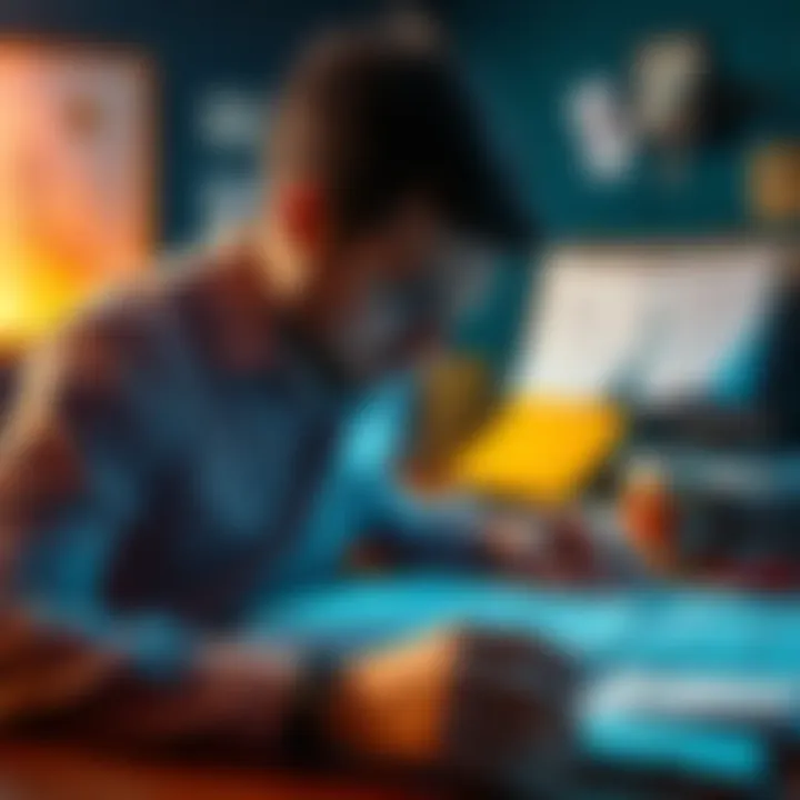 A person examining documents and notes related to cryptographers, focusing on clues about Satoshi's identity.