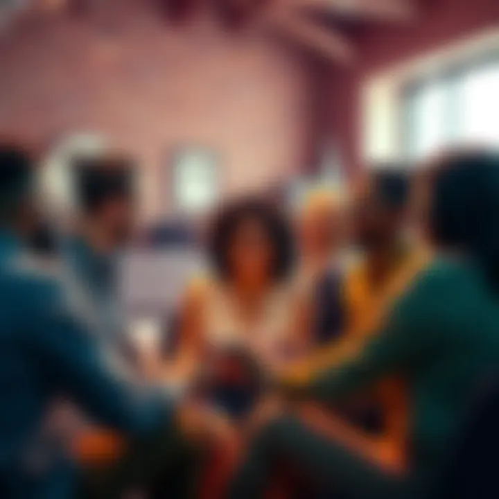 A group of people in a circle sharing uplifting stories and experiences, with smiles and positive expressions on their faces.