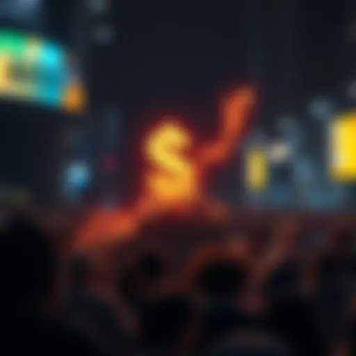 A visual representation of rising currency value with a graph showing an upward trend and a dollar sign rising above a crowd of consumers, symbolizing the impact on everyday spending.
