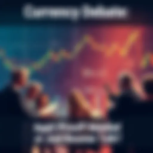 People discussing currency issues with a backdrop of financial charts and symbols