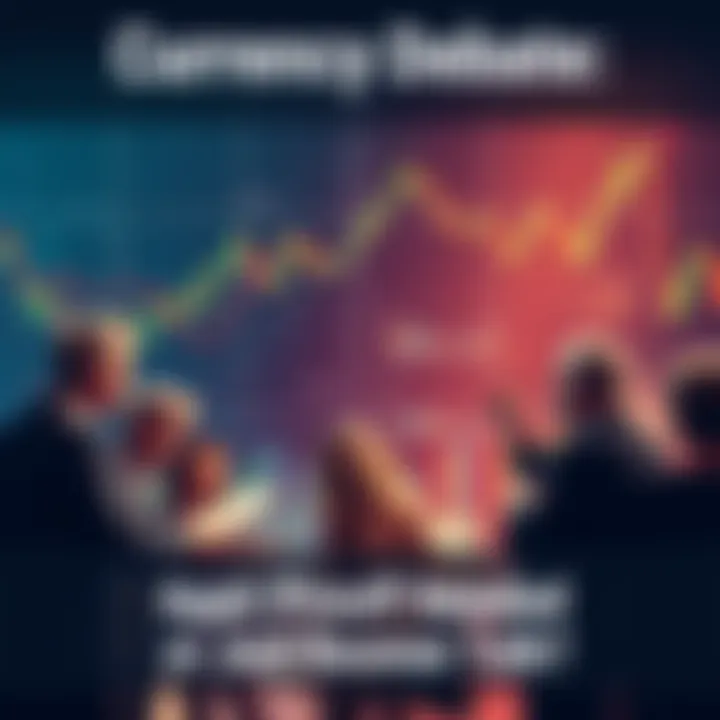 People discussing currency issues with a backdrop of financial charts and symbols