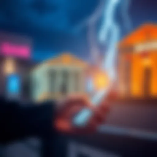 A person using a smartphone to access custodial Lightning services for cryptocurrency, with bank logos in the background, symbolizing the connection to traditional banking.