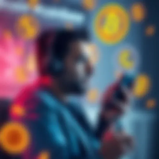 A person on a phone seeking help with Coinbase account issues, surrounded by cryptocurrency symbols.