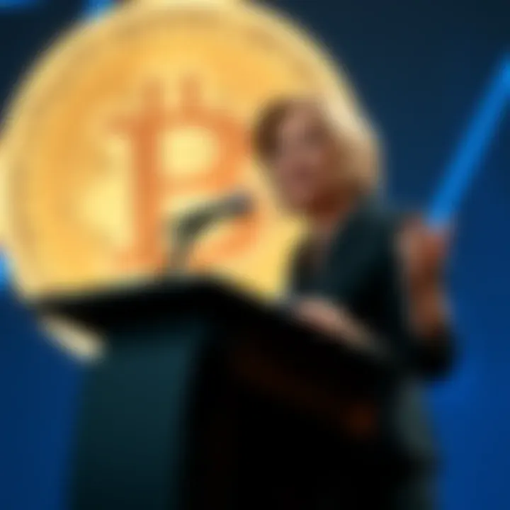 Cynthia Lummis speaking at a podium with a Bitcoin symbol in the background, promoting a tax exemption for Bitcoin.