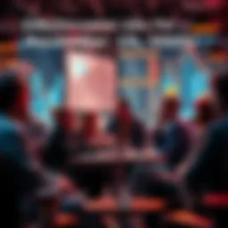 People discussing current events A group of people engaged in a discussion about trading strategies and current events in a casual setting