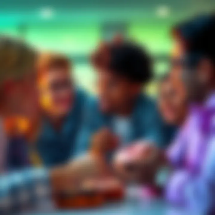 A group of people engaging in a lively discussion over donuts