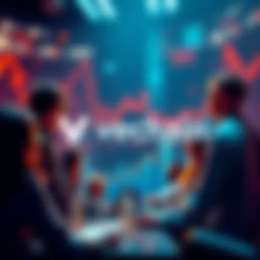 People engaging in a digital discussion about Vechain, with charts and blockchain graphics in the background.