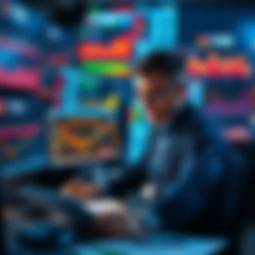 A focused day trader analyzing stock charts on multiple screens, surrounded by charts and notes.