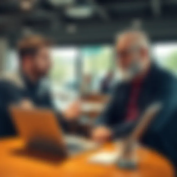 Two men discussing in a coffee shop about cryptocurrency, with a laptop open showing digital charts