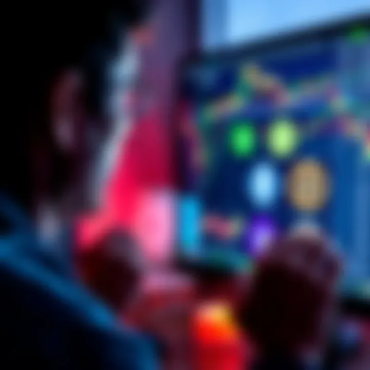 A person looking at a computer screen with cryptocurrency charts and logos of Bitcoin, Ethereum, XRP, and others.