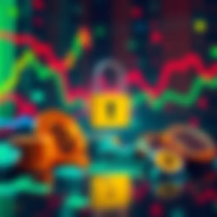 A visual representation of decentralized exchanges with cryptocurrency symbols and a secure lock icon, symbolizing privacy in trading, against a digital background.