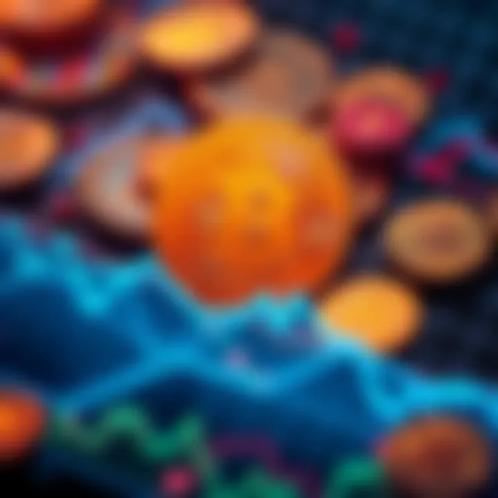 A visual representation of Bitcoin's declining value, depicting a bitcoin symbol surrounded by coins and graphs showing a downward trend.