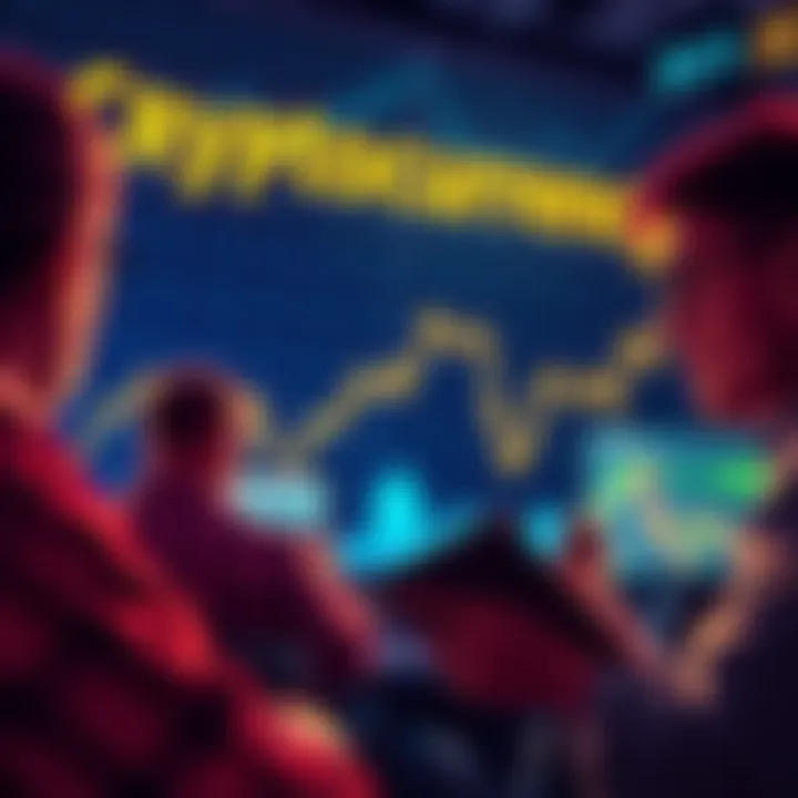 A chart showing the downward trend of cryptocurrency prices, with worried individuals looking at their screens.