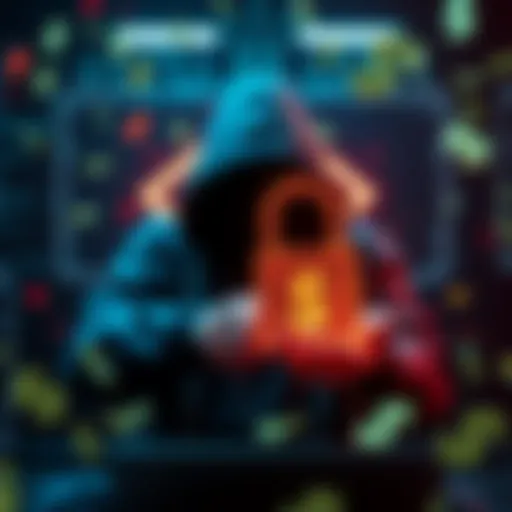 A visual representation of a hacker exploiting a vulnerability in the DeFi platform, with a digital lock symbol and falling dollar signs in the background.