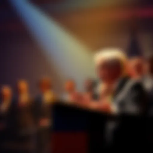 A US Democrat politician speaking at a podium about cryptocurrency regulations with people in the background listening attentively.