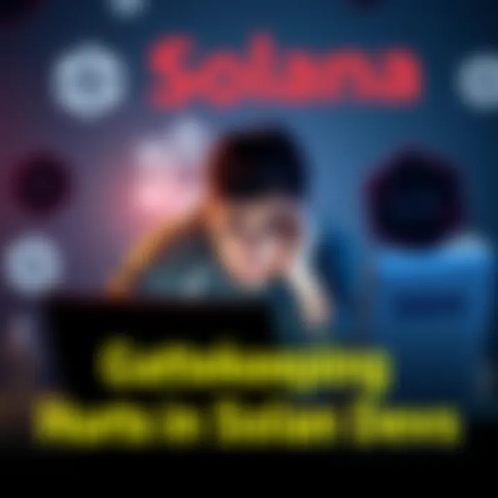A young developer looking stressed while working on a laptop, surrounded by coding notes and Solana logos, showing the challenges faced in launching dApps.