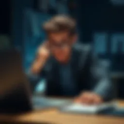 A developer looks frustrated while using a laptop, showing issues with an Ethereum app interface, with wallets and transactions visible on screen.