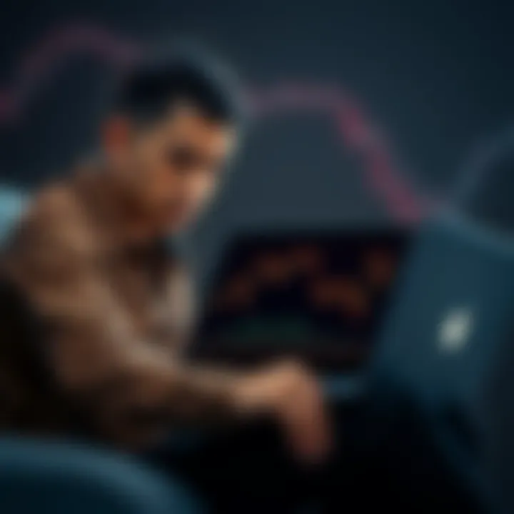 Disappointed person looking at Bitcoin chart A person sitting with a laptop, showing a Bitcoin chart with a sad expression, reflecting on missed selling opportunity