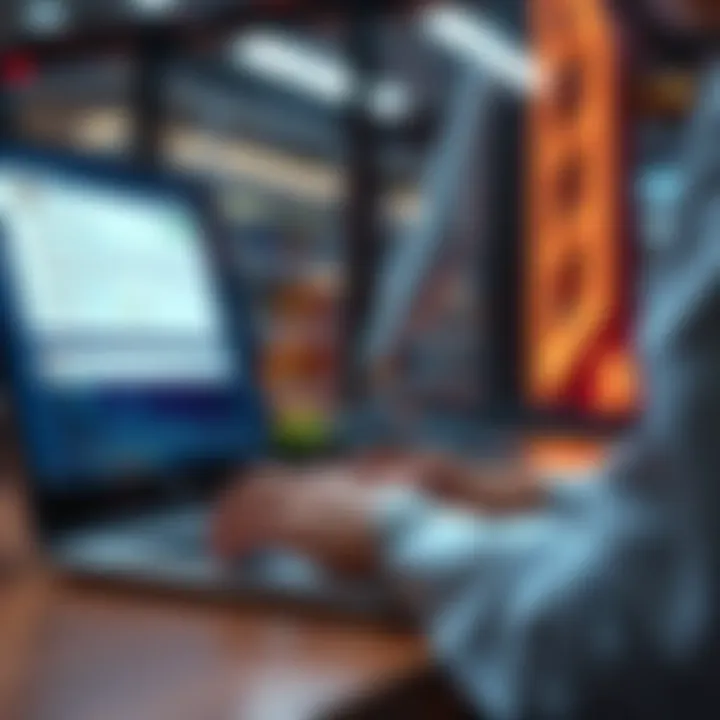 A person typing on a laptop while discussing Bitcoin transaction speeds in an online forum