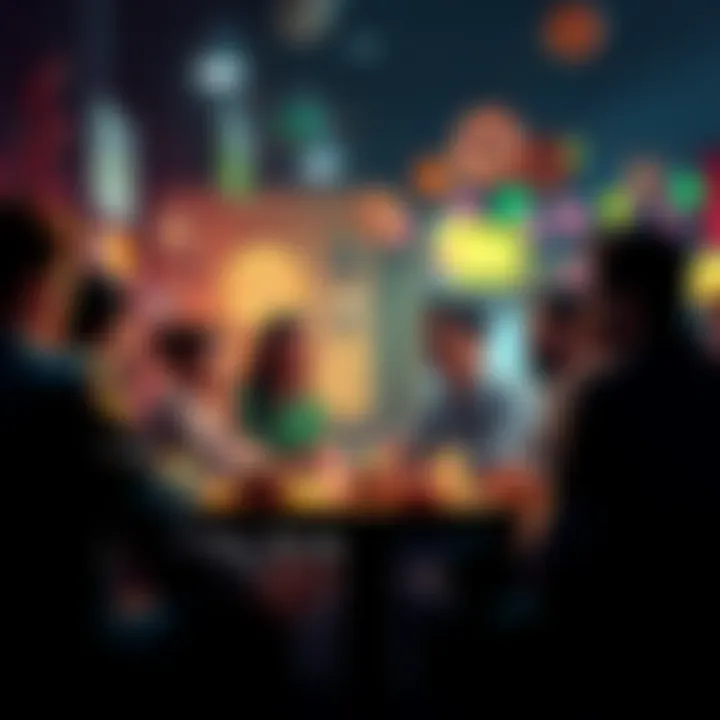 People engaging in a lively discussion about donuts and trading topics, with a festive atmosphere and treats visible.