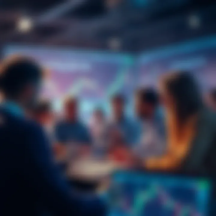 People engaging in discussions about trading strategies and current events with financial charts and tips visible