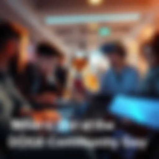People discussing DOGE cryptocurrency with laptops and phones, showing concern and camaraderie