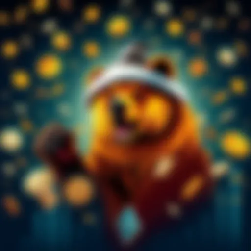 A bear wearing a Doge hat surrounded by falling cryptocurrency symbols, representing market volatility.