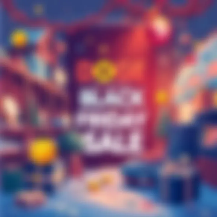 A festive illustration promoting DOGE's Black Friday sale with cryptocurrency items and shopping elements